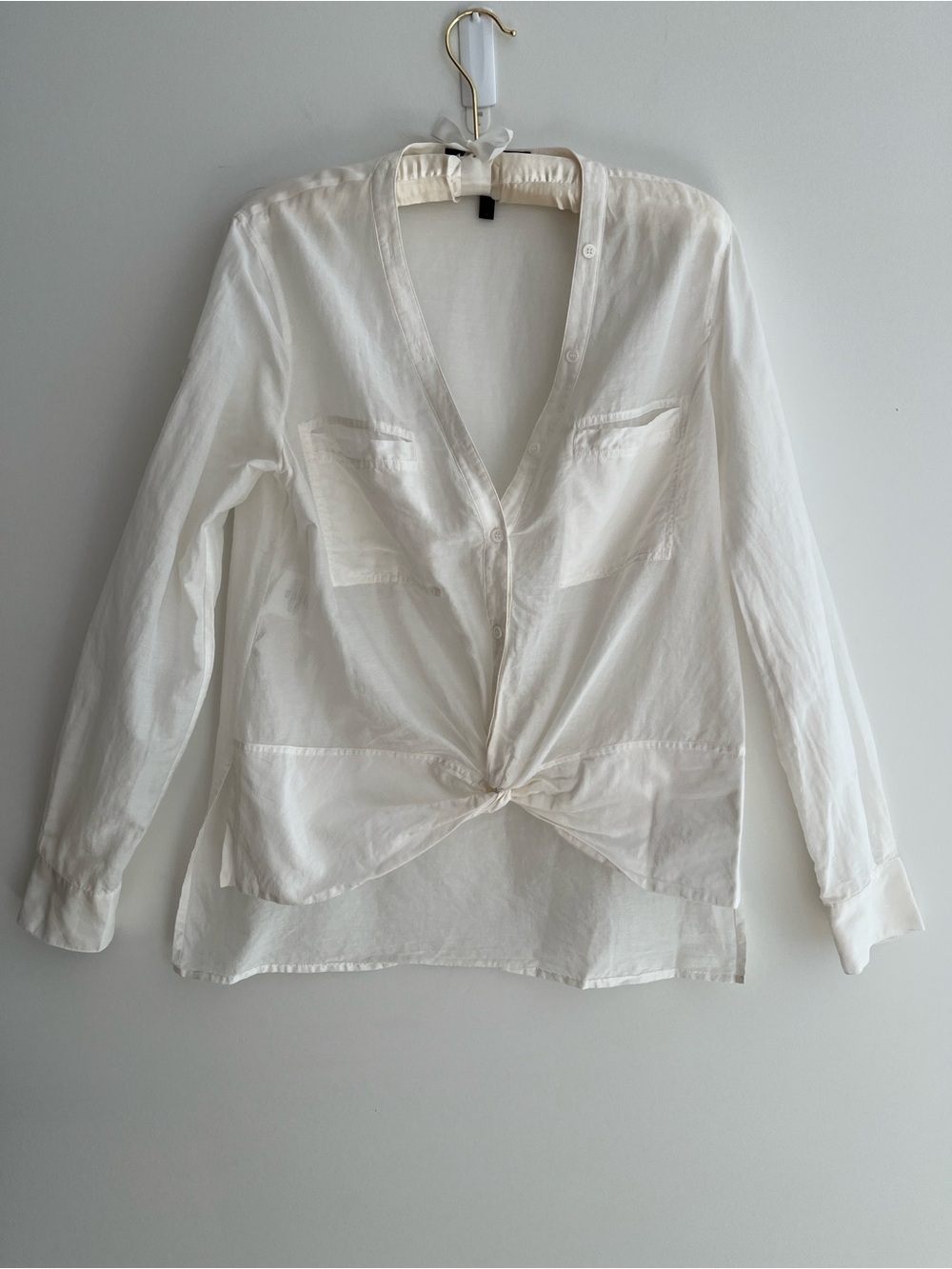 BCBGMAXAZRIA Semra Blouse Sheer Button Front V Neck Twist Detail Feminine Chic